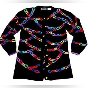 Vintage Christine Foley colorful black cardigan sweater yellow star buttons